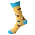 Yellow cotton crew socks with blue accents and cartoon bee flower patterns - Yellow Bee Pattern (1187)