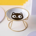 Erhöhter weißer Keramik-Katzenapf mit goldenem Metallständer und schwarzem Katzengesicht - Einzelnes Großäugige Katze Schüssel Mit Ständer / Gold