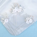 Three-piece silver bridal hair pins with white flowers, pearls and pink crystals - 3# Hair Pin Set (3pcs - Silver/White)