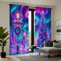 Detail view of festive Christmas blackout curtains featuring aurora, snow and Xmas tree - Aurora Christmas Tree Snow Scene / 130x160cm (Set of 2)