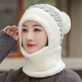 Ivory and light grey winter knitted hood hat with scarf and decorative buttons - Hat And Neck Warmer / Pro MAX - White