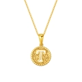 Golden hammer textured round pendant necklace with white shell initial T charm - Letter T (S-P173-T)