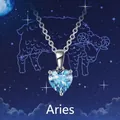 S925 sterling silver heart blue sapphire Aries zodiac pendant necklace with 3-prong setting - March: Aquamarine / Aries