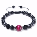 8mm faceted natural stone bead bracelet with tiger eye and adjustable braided rope - Rose Red Tiger Eye + Black Beads + Hematite