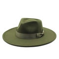 Classic dark green wool fedora hat with wide brim and elegant silk ribbon decoration - M (56-58cm) / Army Green