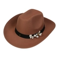 Brown wool felt western cowboy hat with black pearl and flower ribbon on white background - 105-Camel