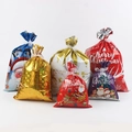Macro detail of assorted Christmas drawstring gift bags with festive foil patterns - Red, Gold, Blue, White, and Purple Style Set