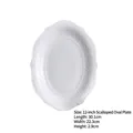 12-inch white ceramic oval plate featuring French scalloped edges and relief details - 12 Inch Alice Scalloped Oval Plate