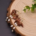 Baroque pearl drop earrings with gold hoops and brown goldstone in vintage tassel style - Gold Sandstone