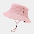 Pink vintage washed cotton bucket hat with wide brim, sun protection, and windproof rope - Light Pink