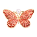 Golden butterfly brooch with vibrant coral orange enamel wings and a white pearl center - YNCP2682 Pink-Red
