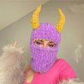 Purple hand-knitted balaclava mask with bright yellow devil horns for festive party - 57-59cm / Purple Body Yellow Horn