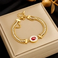 Multi-layer golden bracelet featuring red oval gemstone and white zircon accents - Red Gemstone(B1002)