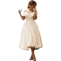 Elegant champagne satin off-shoulder midi dress featuring a crossed neckline design - US size 12 (L) / Bottoms / Champagne