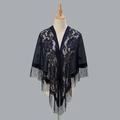 Elegante scialle in pizzo floreale blu scuro con frange delicate per abiti da sera - 180cm / Blu Notte