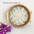 Detail of handcrafted rattan tray with mosaic shell inlay and wooden handles, 24cm diameter - Yellow Jade / Medium 24x3cm