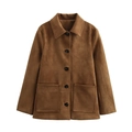 Giacca vintage in pelle scamosciata marrone da donna con colletto e tasche ampie - S / Cioccolato