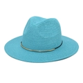Detail of lake blue straw fedora showing fine woven texture and black ribbon with gold buckle - M (56-58cm) / Lake Blue