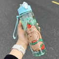 Blue lid capybara straw water bottle with portable rope for students and kids - Transparent Green (New)