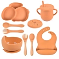 9-piece orange silicone baby feeding set with divided plate, suction bowl, and bib - Full Tableware Set (Orange/Y25)