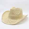 Hollow out beige Panama straw cowboy hat with wide brim and woven cord for sun protection - M (56-58cm) / Beige