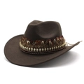 Dark brown felt western cowboy hat featuring pheasant feathers and gold skull beads - Brown