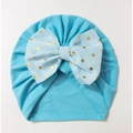 Sky blue infant turban hat featuring a light blue bow with gold polka dots decoration - Blue