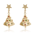 Golden Christmas tree stud earrings with festive red and green dots on white background - Snowflake Christmas Tree Stud Earrings