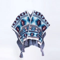 Ethnic bohemian knit poncho with blue red geometric patterns and fringe tassels - Bohemian Style B