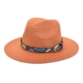 Brick red wide-brim straw fedora with colorful snakeskin band and gold buckle detail - M (56-58cm) / Caramel color