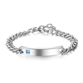 Silver stainless steel Cuban chain bracelet with rectangular plate and blue gemstone - Smooth Natural Color Men's Style