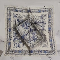 Elegant floral square silk scarf with bird prints and blue borders on a white background - Orchid Rice Small Square Scarf / 65