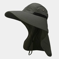 Detail of army green outdoor sun hat showing breathable mesh and long neck flap protection - One Size / Army Green