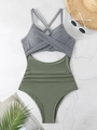 Maillot de bain une pièce avec haut rayé et bas taille haute froncé vert olive - S / Rayures Fines+Vert Olive