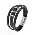 Men's multi-layer black braided leather bracelet with silver magnetic buckle and metal rings - Black Silver