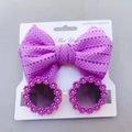 Kids purple daisy sunglasses and hollow mesh bow headband set on display card - Purple