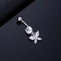 Silver butterfly navel ring with clear zircon crystals on a dark reflective surface - Butterfly Round Zircon Silver