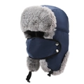 Navy blue winter trapper hat with gray faux fur lining and removable face mask - One Size / Navy Blue