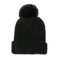 Close-up of black ribbed knit beanie with soft faux fur pom-pom and thick winter texture - M (56-58cm) / Black