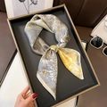 Elegant white satin square scarf with gold and gray floral prints in a stylist tray - 70*70cm / 30116-White Golden Feather
