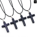 Blue goldstone cross pendant necklace with sparkling finish and black wax cord - Blue Goldstone (Synthetic)