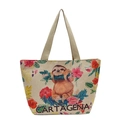 Linen tote bag with sloth and hibiscus print featuring Cartagena decorative text - Style 1 (Sloth Pattern-Cartagena)