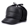 Gorra de invierno de cuero negro para hombre con forro de felpa y orejeras - Estilo Gorra Plana Negra