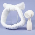 Face cleansing set with white plush bow headband and soft manual brush for skincare - Small Standing Brush + White Plush Hairband Set / White
