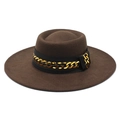 Fashionable dark brown wide brim wool felt hat featuring a stylish gold chain decoration - 57-59cm / Brown