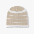 Beige knitted slouchy beanie with white plush stripes and wide folded faux fur cuff - Khaki (24B105)