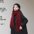 Thick wine red cashmere scarf with tassels styled with a black coat and beret for winter - Cationic Viscose Style / 200x70cm / Burgundy
