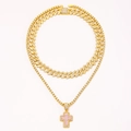 Set gioielli hip hop dorati con ciondolo a croce rosa, catena tennis e maglia cubana - Set di collane a doppio strato / Oro