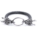 Hip-Hop-Armband aus schwarzem geflochtenem Leder mit silbernem Drachen-Metallverschluss - Schwarz