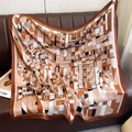 Silk-feel square scarf featuring brown and beige vintage geometric floral patterns - 90*90cm / Caramel (XW-194)